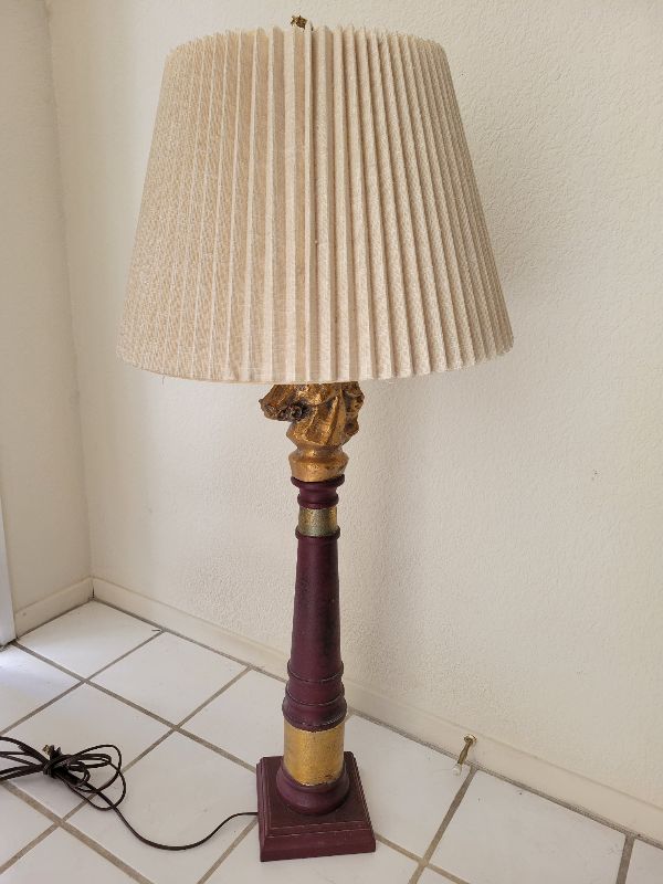 Photo 1 of VINTAGE BRASS HORSE HEAD & WOOD BASE TABLE LAMP W PLEATED SHADE H35"