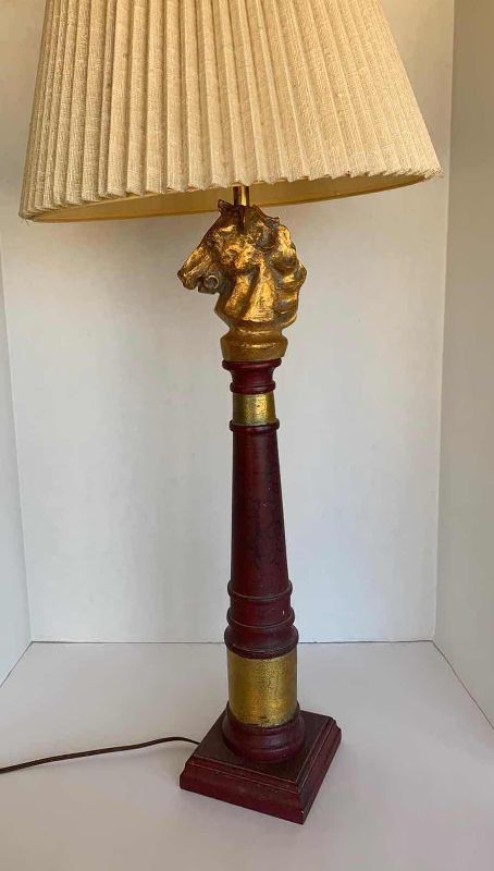 Photo 2 of VINTAGE BRASS HORSE HEAD & WOOD BASE TABLE LAMP W PLEATED SHADE H35"