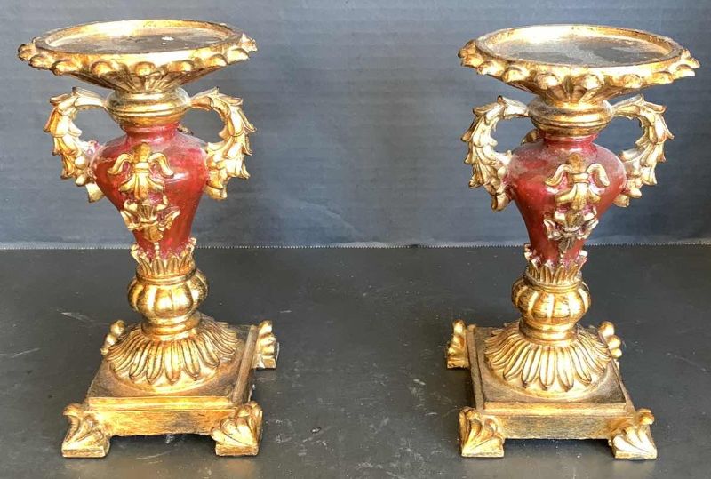 Photo 1 of 2 - RED AND GOLD CANDELABRAS 8"