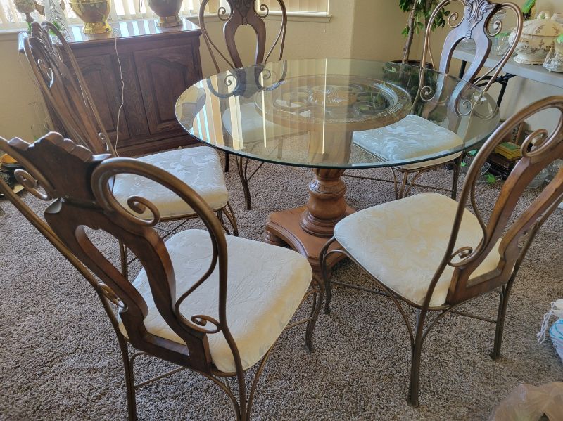 Photo 1 of 48" MAHOGANY BASE W GLASS TOP TABLE (CHAIRS SOLD SEPARATELY) 