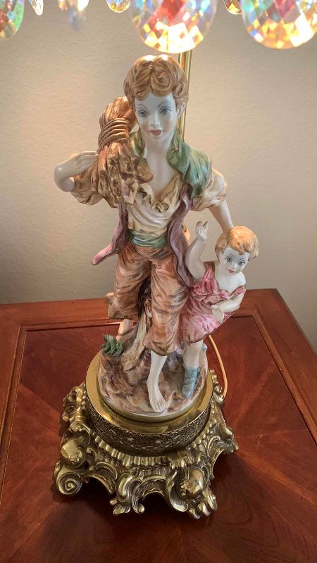 Photo 2 of VINTAGE LARGE CAPODIMONTE STYLE CERAMIC HAND PAINTED TABLE LAMP CHANDELIER WITH AURORA BOREALIS CRYSTALS  H - 37"