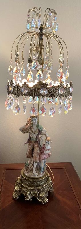 Photo 1 of VINTAGE LARGE CAPODIMONTE STYLE CERAMIC HAND PAINTED TABLE LAMP CHANDELIER WITH AURORA BOREALIS CRYSTALS  H - 37"