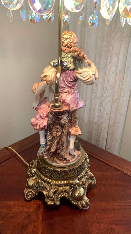 Photo 3 of VINTAGE LARGE CAPODIMONTE STYLE CERAMIC HAND PAINTED TABLE LAMP CHANDELIER WITH AURORA BOREALIS CRYSTALS  H - 37"