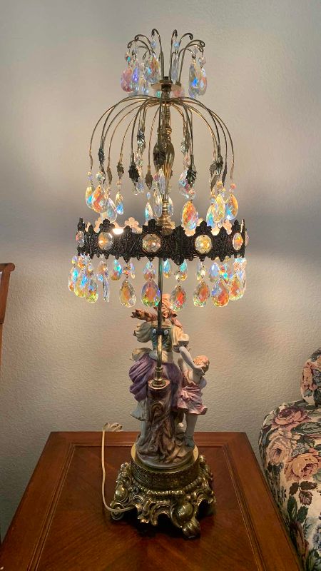 Photo 3 of VINTAGE LARGE CAPODIMONTE STYLE CERAMIC HAND PAINTED TABLE LAMP CHANDELIER WITH AURORA BOREALIS CRYSTALS  H - 37"