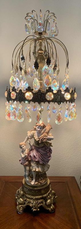 Photo 1 of VINTAGE LARGE CAPODIMONTE STYLE CERAMIC HAND PAINTED TABLE LAMP CHANDELIER WITH AURORA BOREALIS CRYSTALS  H - 37"