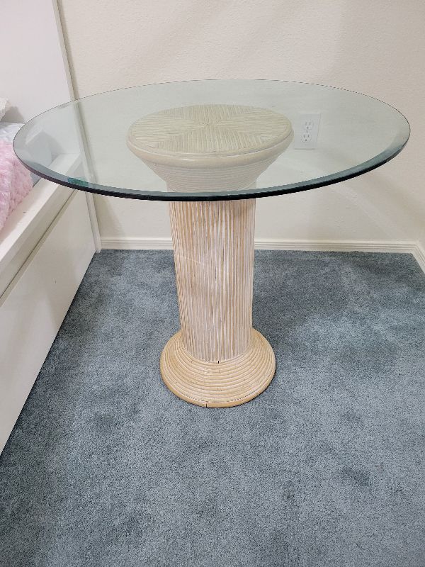 Photo 1 of WOODEN PEDESTAL TABLE WITH GLASS TOP H 24.5"