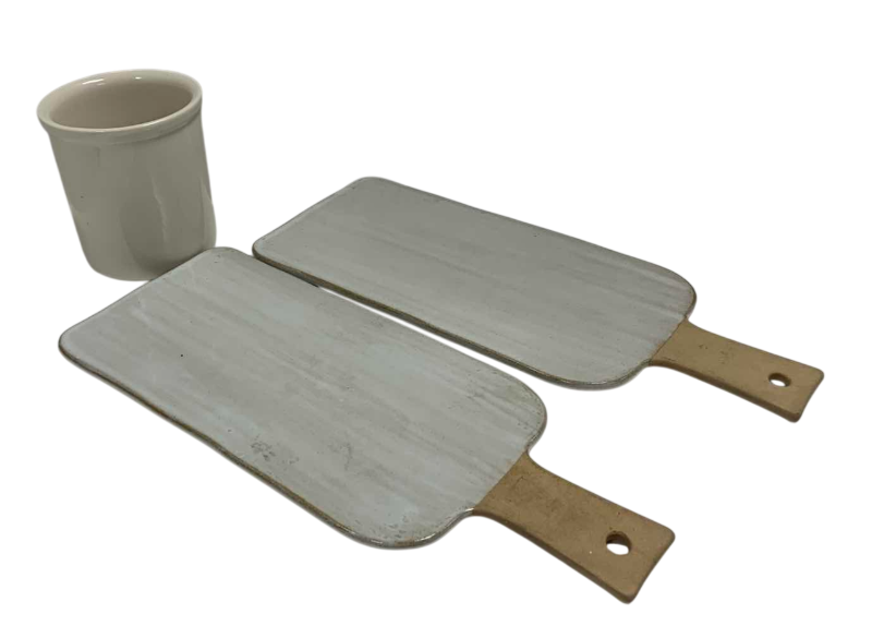 Photo 1 of 2-HEARTH & HAND STONEWARE CUTTING BOARDS 7” X 17” AND A PORCELAIN UTENSIL CROCK