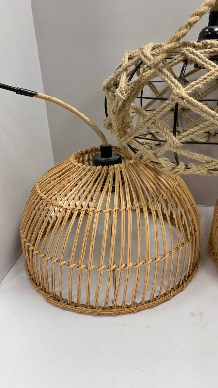 Photo 1 of 3-WOVEN HANGING LAMPS 11” DIAMETER