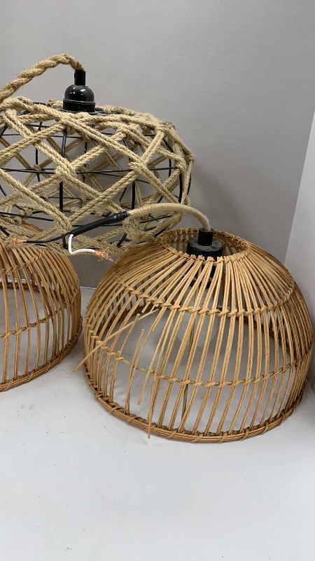 Photo 1 of 3-WOVEN HANGING LAMPS 11” DIAMETER