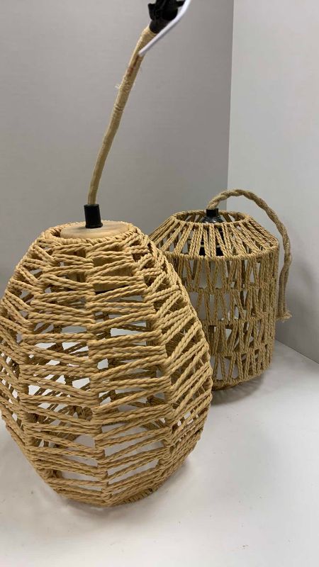 Photo 1 of 3-WOVEN HANGING LAMPS 7” DIAMETER