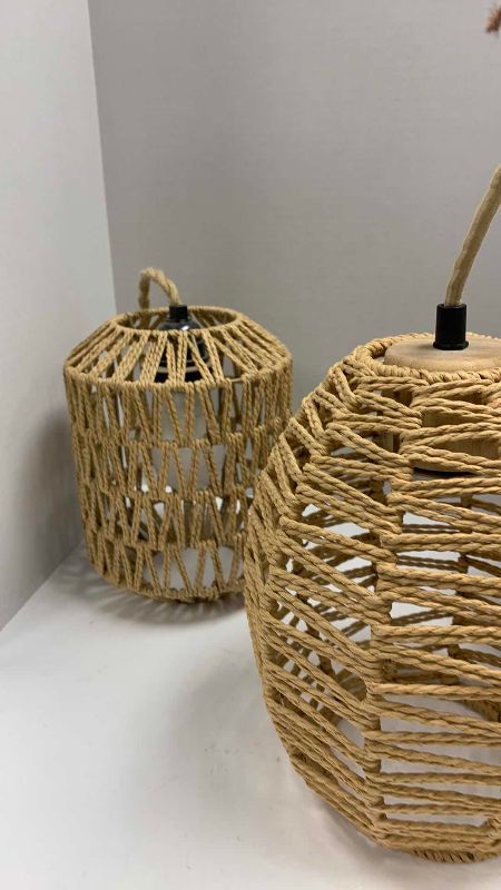 Photo 1 of 3-WOVEN HANGING LAMPS 7” DIAMETER