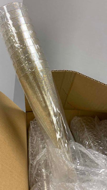 Photo 1 of 2-RELI PLASTIC CHAMPAGNE FLUTES 4.5 OZ GOLD SPARKLES 100 COUNT PER BOX