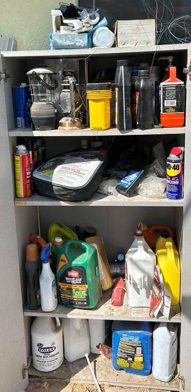 Photo 1 of CONTENTS OF CABINET- LANTERNS, OUTDOOR SUPPLIES , CLEANING SUPPLIES AND MORE