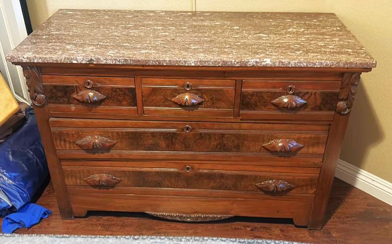 Photo 1 of CARVED WOOD, BURL INLAY, STONE TOP, FIVE-DRAWER DRESSER, 4’ X 22" X H 31".