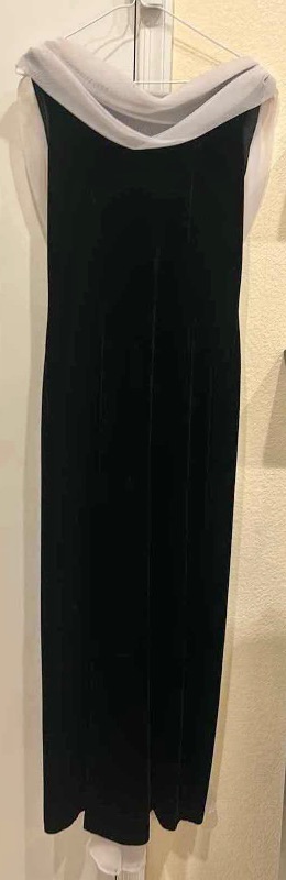 Photo 1 of LONG, BLACK AND WHITE EVENING GOWN WITH SCOOP, LOW-CUT BACK AND RHINESTONES, VELVET, AND AN IVORY SHEER  TULLE FABRIC. EST SIZE 8