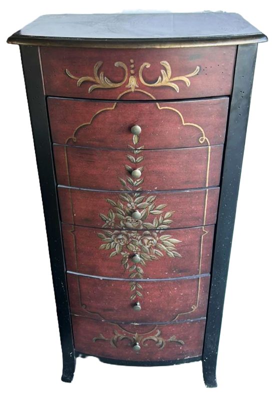 Photo 1 of HOME FURNISHINGS AND ACCESSORIES - HAND PAINTED 6 DRAWER, 2 DOOR, WOOD JEWELRY BOX 40” X 19.5” X 13.5”.