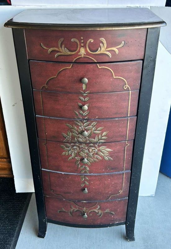 Photo 12 of HOME FURNISHINGS AND ACCESSORIES - HAND PAINTED 6 DRAWER, 2 DOOR, WOOD JEWELRY BOX 40” X 19.5” X 13.5”.