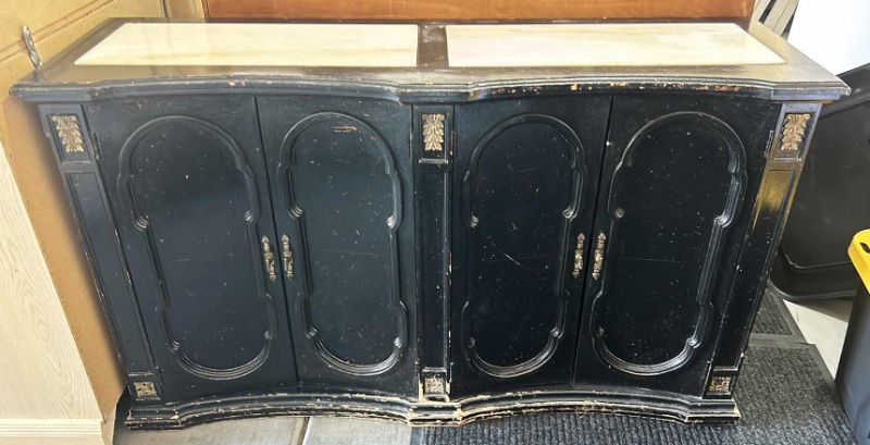 Photo 1 of HOME FURNISHINGS ORNATE PAINTED BLACK WOOD CABINET 48” X 14” X H29”.