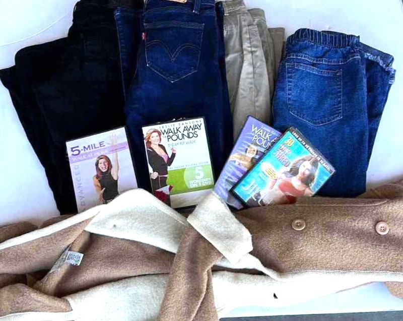 Photo 1 of WOMENS CLOTHING - 4 PAIRS OF PANTS 27, 28 PETITE, WORKOUT TAPES AND SWEATER JACKET S/M