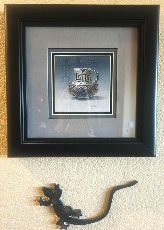 Photo 1 of FRAMED SIGNED AMERICAN INDIAN POTTERY ARTWORK X M.S. FRANCO AND METAL LIZARD. (ARTWORK 11” X 11”.)