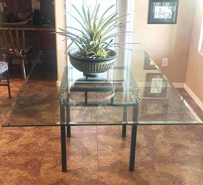 Photo 1 of HEAVY BLACK WROUGHT IRON COFFEE TABLE WITH BEVELED GLASS RECTANGLE TOP 6’ x 4’ (INCLUDES SECOND ROUND TOP)