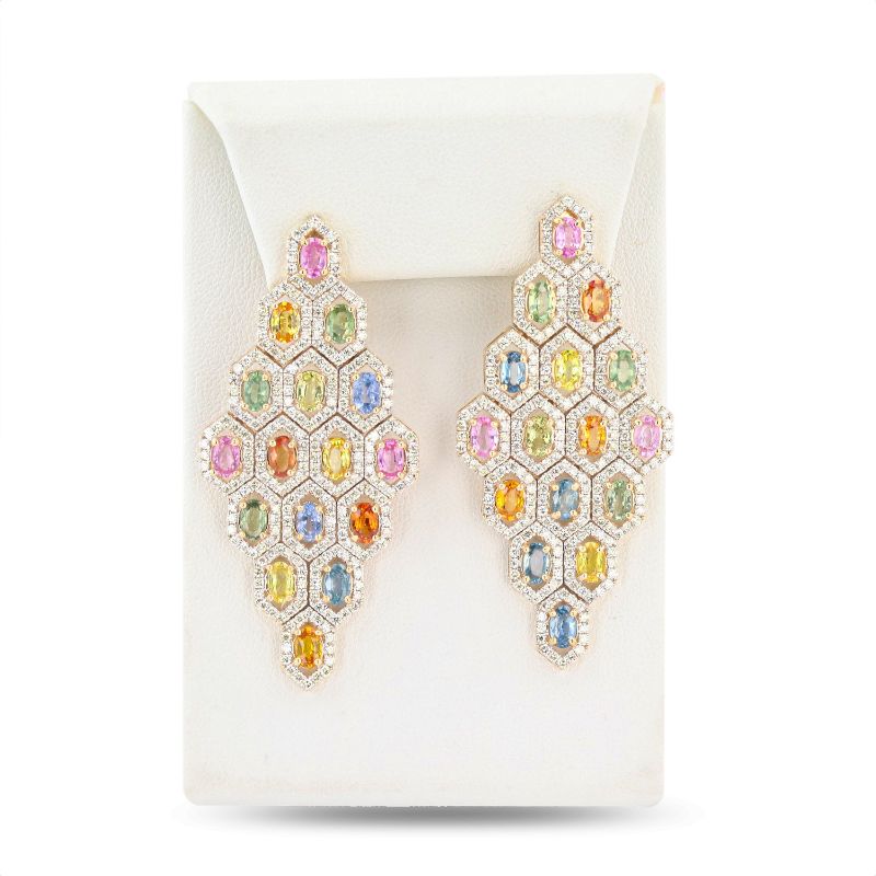 Photo 1 of 10.97ctw MultiColor Sapphire and 4.70ctw Diamond 14K Yellow Gold Chandelier Earrings W/MSRP APPRAISAL ER007351
