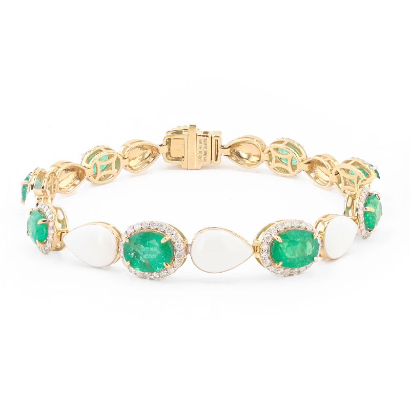 Photo 1 of 9.18ctw Emerald and 1.33ctw Diamond 14K Yellow Gold Bracelet with White Enamel W/MSRP APPRAISAL BR008207
