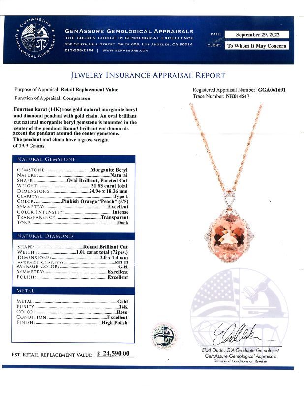 Photo 4 of 31.83ct Morganite and 1.01ctw Diamond 14K Rose Gold Pendant W/MSRP APPRAISAL NK014547
