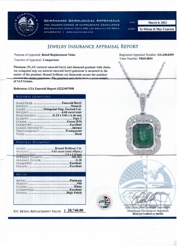 Photo 5 of 4.60ct Emerald and 0.61ctw Diamond Platinum Pendant (GIA CERTIFIED) W/MSRP APPRAISAL NK014854
