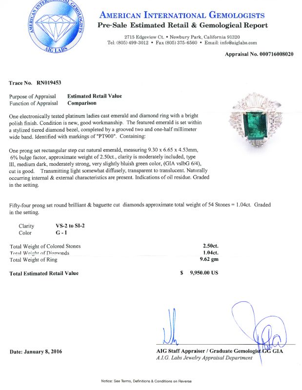 Photo 4 of 2.50ct Emerald and 1.04ctw Diamond Platinum Ring(APPROX SIZE 6-7)  W/MSRP APPRAISAL RN019453
