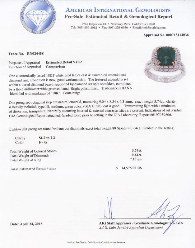 Photo 6 of 3.74ct Emerald and 0.64ctw Diamond 18KT White Gold Ring (GIA CERTIFIED)(APPROX SIZE 6-7)  W/MSRP APPRAISAL RN024458
