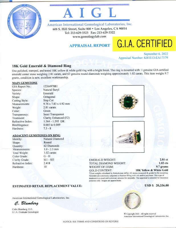 Photo 4 of 2.81ct Emerald and 1.02ctw Diamond 18K Yellow and White Gold Ring (GIA CERTIFIED) (APPROX SIZE 6-7) W/MSRP APPRAISAL RN032946
