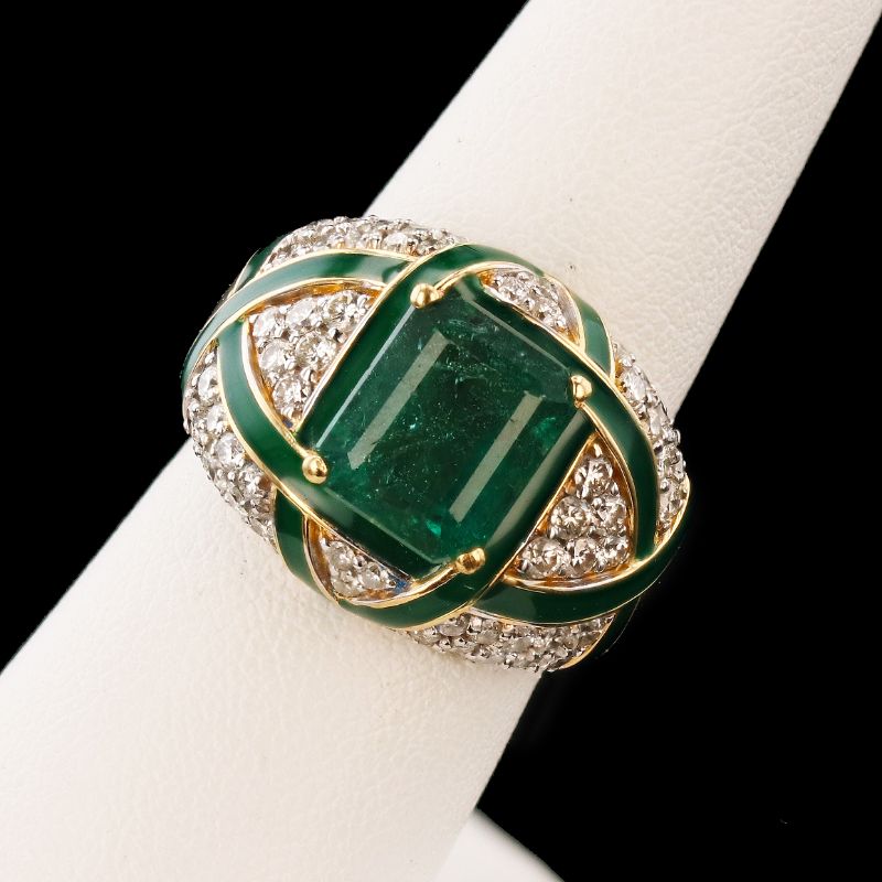 Photo 3 of 3.04ct Emerald and 1.38ctw Diamond 18K Yellow Gold Ring with Green Enamel Inlays (APPROX SIZE 6-7) RN03258
