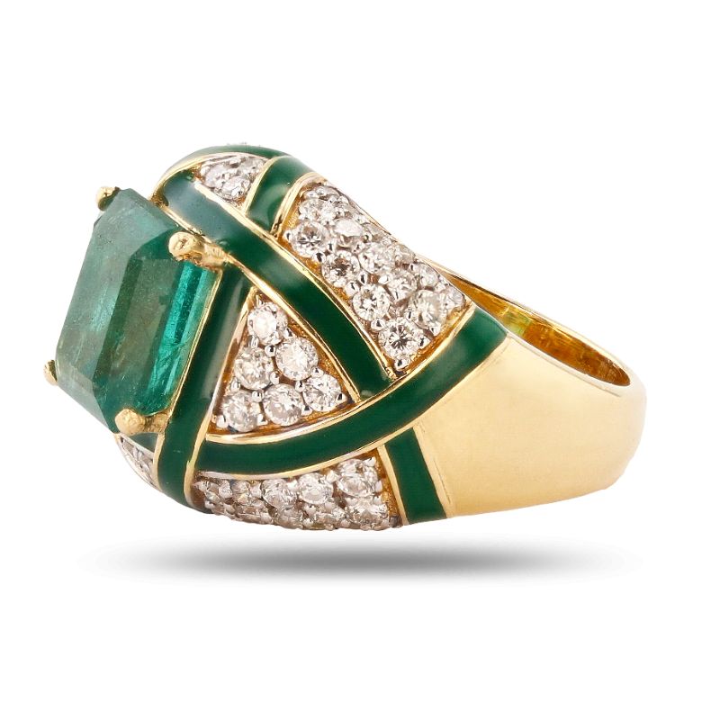 Photo 2 of 3.04ct Emerald and 1.38ctw Diamond 18K Yellow Gold Ring with Green Enamel Inlays (APPROX SIZE 6-7) RN03258
