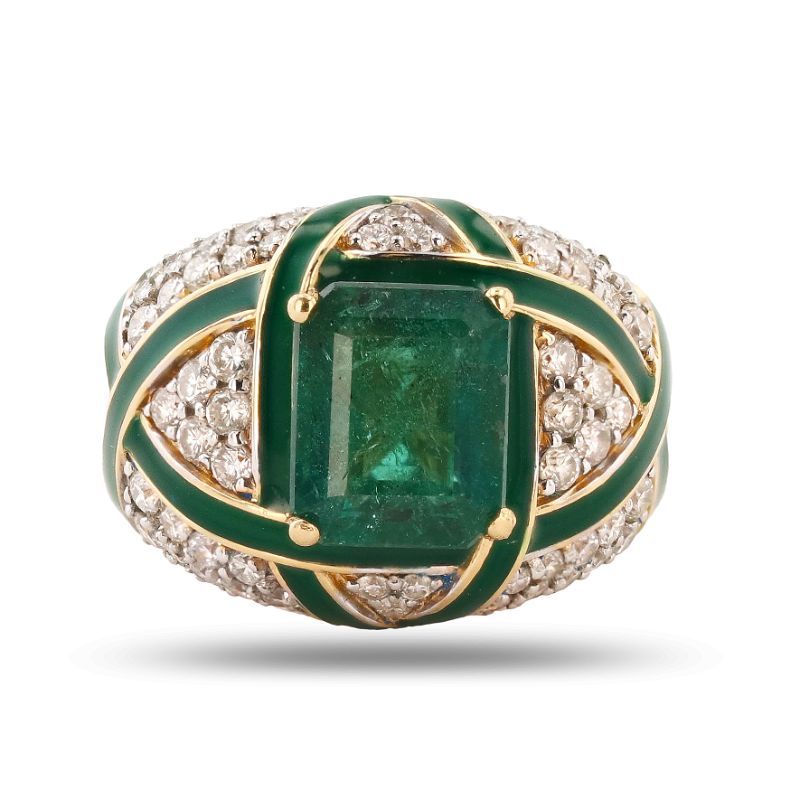 Photo 1 of 3.04ct Emerald and 1.38ctw Diamond 18K Yellow Gold Ring with Green Enamel Inlays (APPROX SIZE 6-7) RN03258
