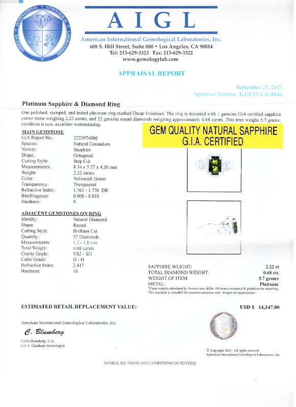 Photo 5 of 2.22ct Yellowish Green Sapphire and 0.68ctw Diamond Platinum Ring (GIA CERTIFIED) (APPROX SIZE 6-7) W/MSRP APPRAISAL RN035053
