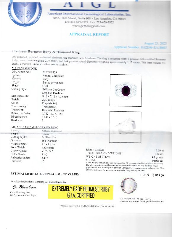 Photo 5 of 2.39ct BURMESE Ruby and 1.12ctw Diamond Platinum Ring (GIA CERTIFIED) (APPROX SIZE 6-7) W/MSRP APPRAISAL RN034812
