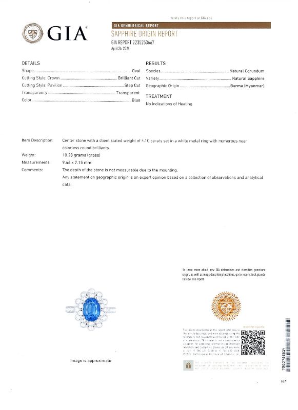 Photo 5 of 4.10ct UNHEATED Blue BURMESE Sapphire and 1.18ctw Diamond Platinum Ring (GIA CERTIFIED)(APPROX SIZE 6-7) W/MSRP APPRAISAL RN036017
