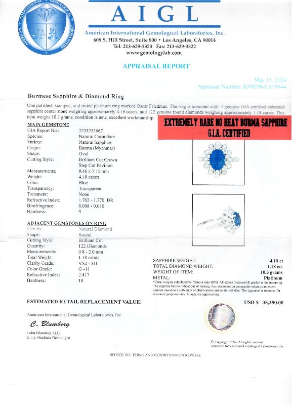 Photo 4 of 4.10ct UNHEATED Blue BURMESE Sapphire and 1.18ctw Diamond Platinum Ring (GIA CERTIFIED)(APPROX SIZE 6-7) W/MSRP APPRAISAL RN036017
