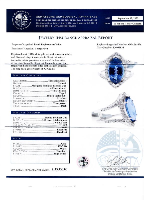 Photo 1 of 4.03ct Tanzanite and 0.87ctw Diamond 18K White Gold Ring (APPROX SIZE 6-7) W/MSRP APPRAISAL RN033038
