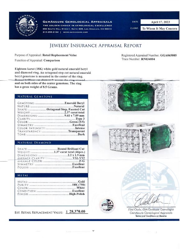 Photo 4 of 2.37ct Emerald and 1.37ctw Diamond 18K White Gold Ring (APPROX SIZE 6-7) W/MSRP APPRAISAL RN034004
