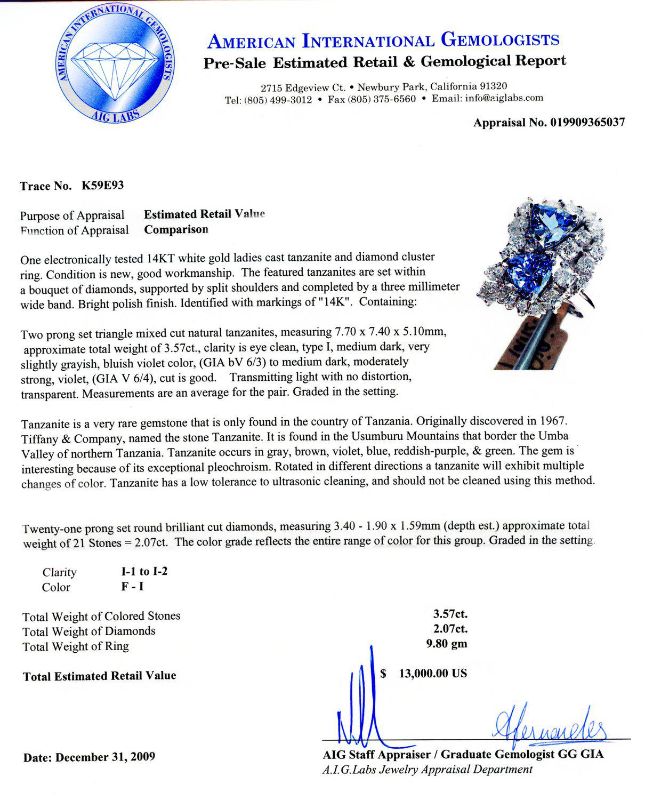 Photo 5 of 3.57ctw Tanzanite and 2.07ctw Diamond 14K White Gold Ring (APPROX SIZE 6-7)  W/MSRP APPARAISAL RN004429
