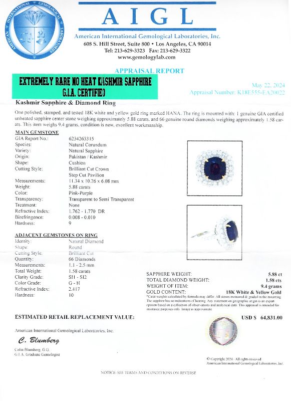 Photo 5 of 5.88ct UNHEATED Pink Purple KASHMIR Sapphire and 1.58ctw Diamond 18K White and Yellow Gold Ring (GIA CERTIFIED) (APPROX SIZE 6-7) W/MSRP APPRAISAL RN036184
