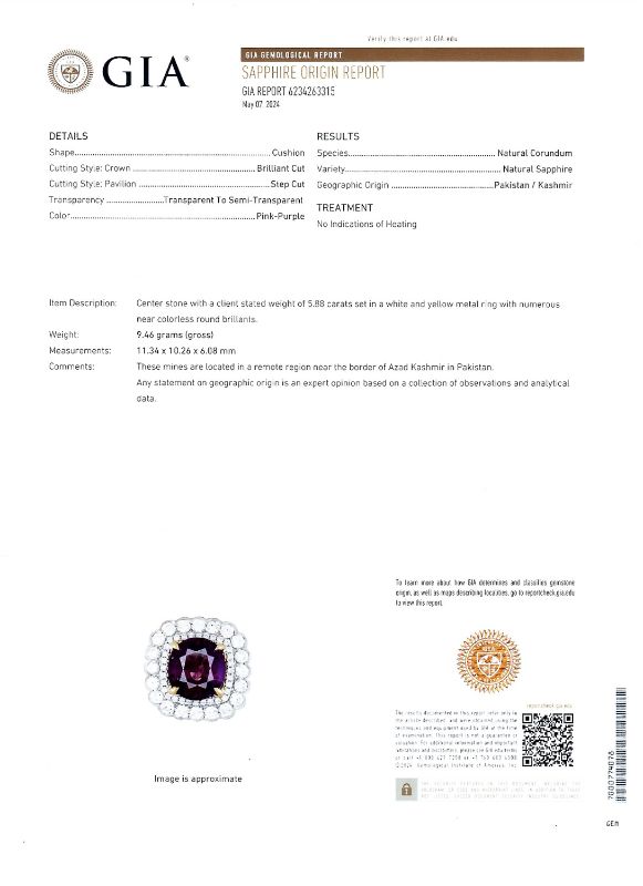 Photo 4 of 5.88ct UNHEATED Pink Purple KASHMIR Sapphire and 1.58ctw Diamond 18K White and Yellow Gold Ring (GIA CERTIFIED) (APPROX SIZE 6-7) W/MSRP APPRAISAL RN036184
