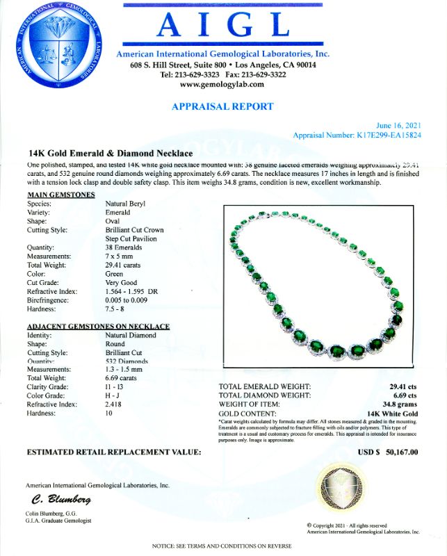 Photo 4 of 29.41ctw Emerald and 6.69ctw Diamond 14K White Gold Necklace W/MSRP APPRAISAL NK013485
