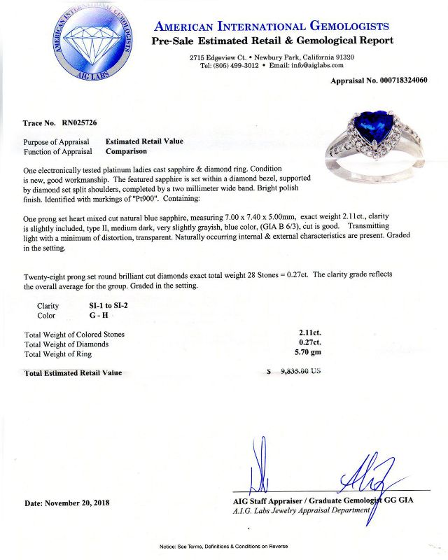 Photo 4 of 2.11ct Blue Sapphire and 0.27ctw Diamond Platinum Ring (APP SIZE 6-7) W/MSRP APPRAISAL RN025726
