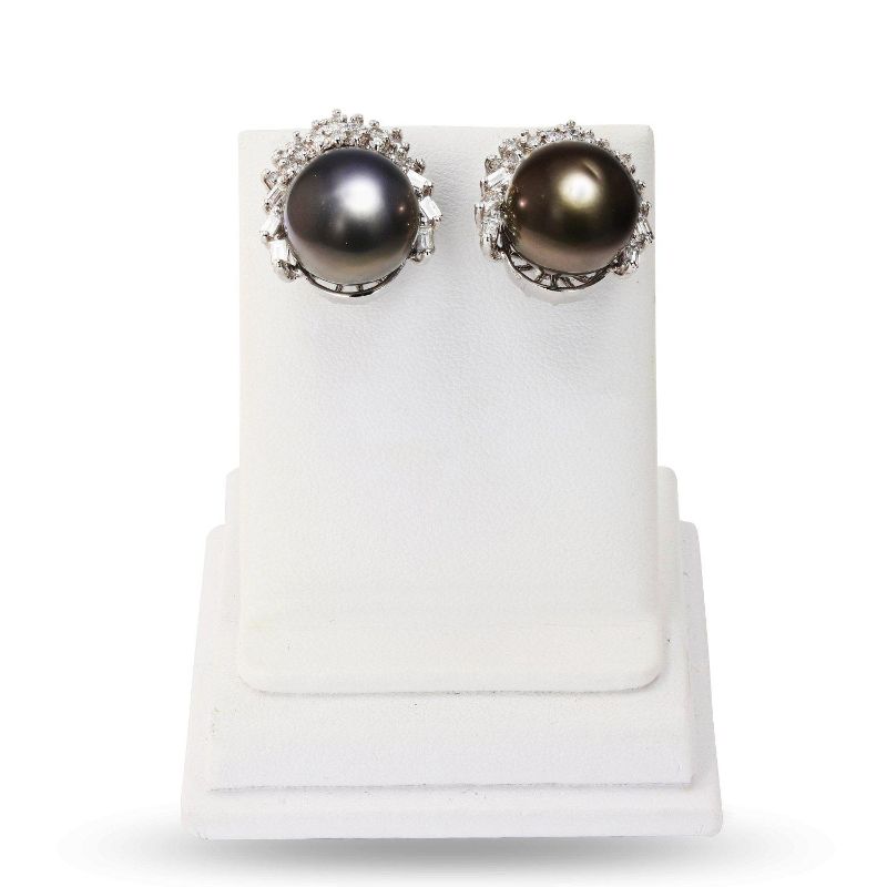 Photo 1 of 13.0mm Black Tahitian Cultured Pearl and 1.68ctw Diamond 14K White Gold Earrings W/MSRP APPRAISAL ER004269
