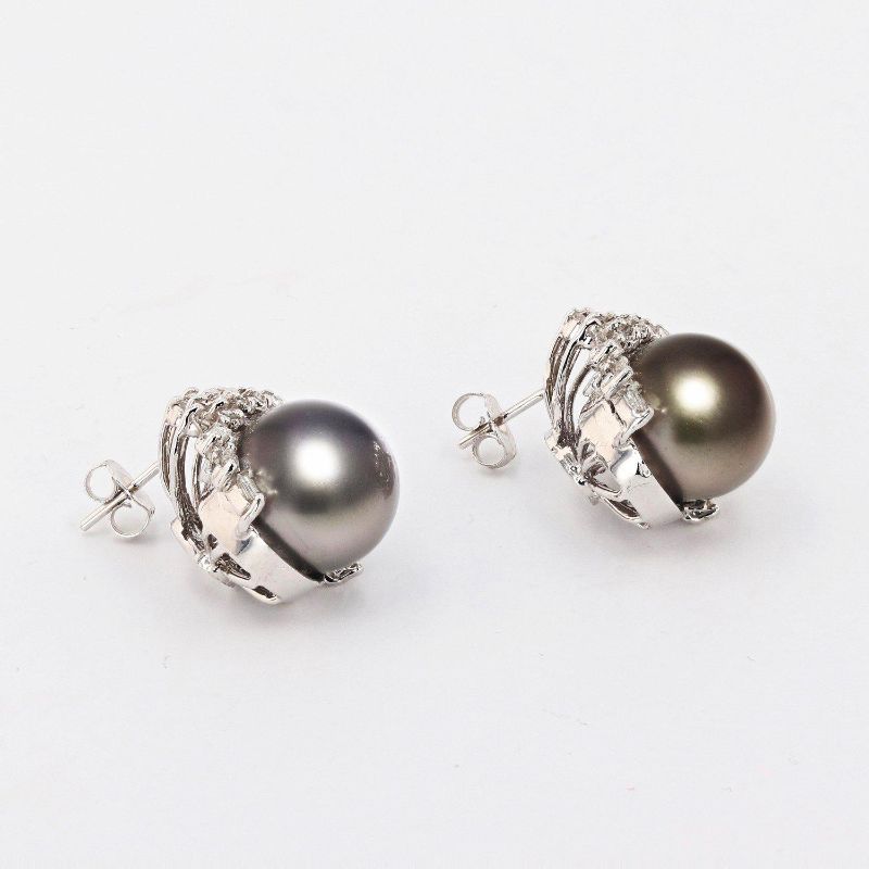 Photo 2 of 13.0mm Black Tahitian Cultured Pearl and 1.68ctw Diamond 14K White Gold Earrings W/MSRP APPRAISAL ER004269
