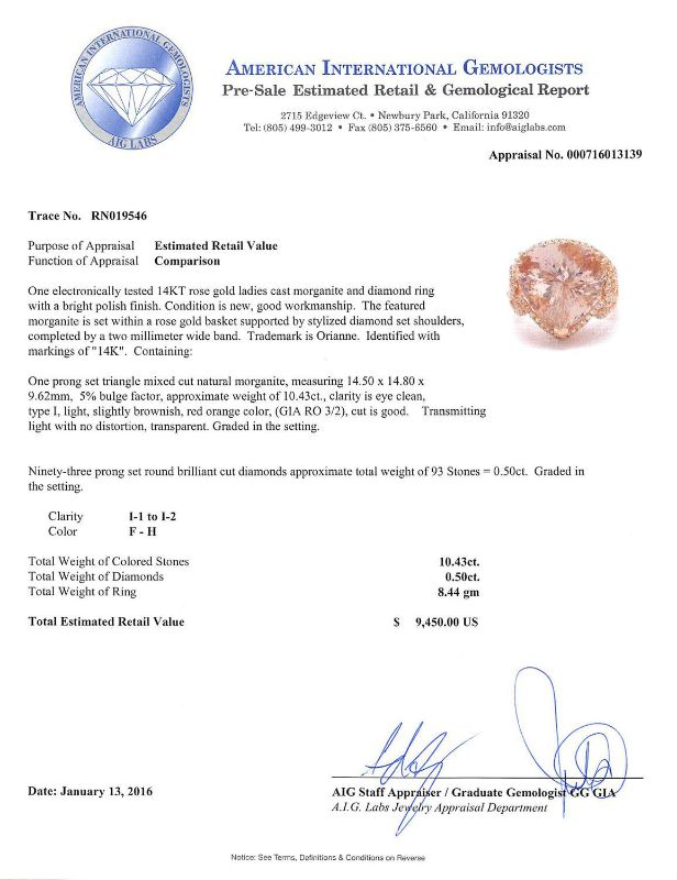 Photo 1 of 10.43ct Morganite and 0.50ctw Diamond 14K Rose Gold Ring (APP SIZE 6-7) W/MSRP APPRAISAL RN019546
