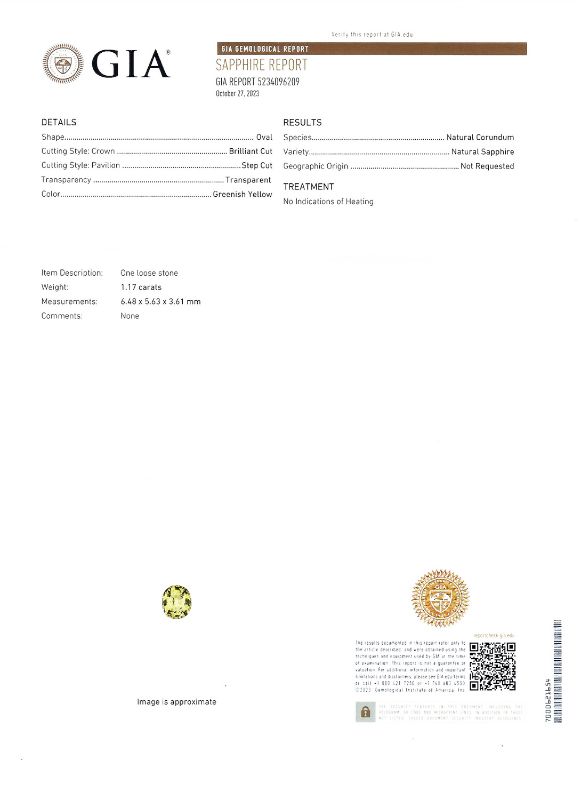 Photo 5 of 1.17ct UNHEATED Greenish Yellow Sapphire and 0.57ctw Diamond Platinum Ring (GIA CERTIFIED)(APP SIZE 6-7) W/MSRP APPRAISAL RN035673
